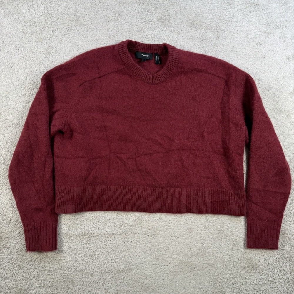 Theory Sweater Womens Medium Maroon Red 100% Cashmere Cropped Boxy Crewneck Soft